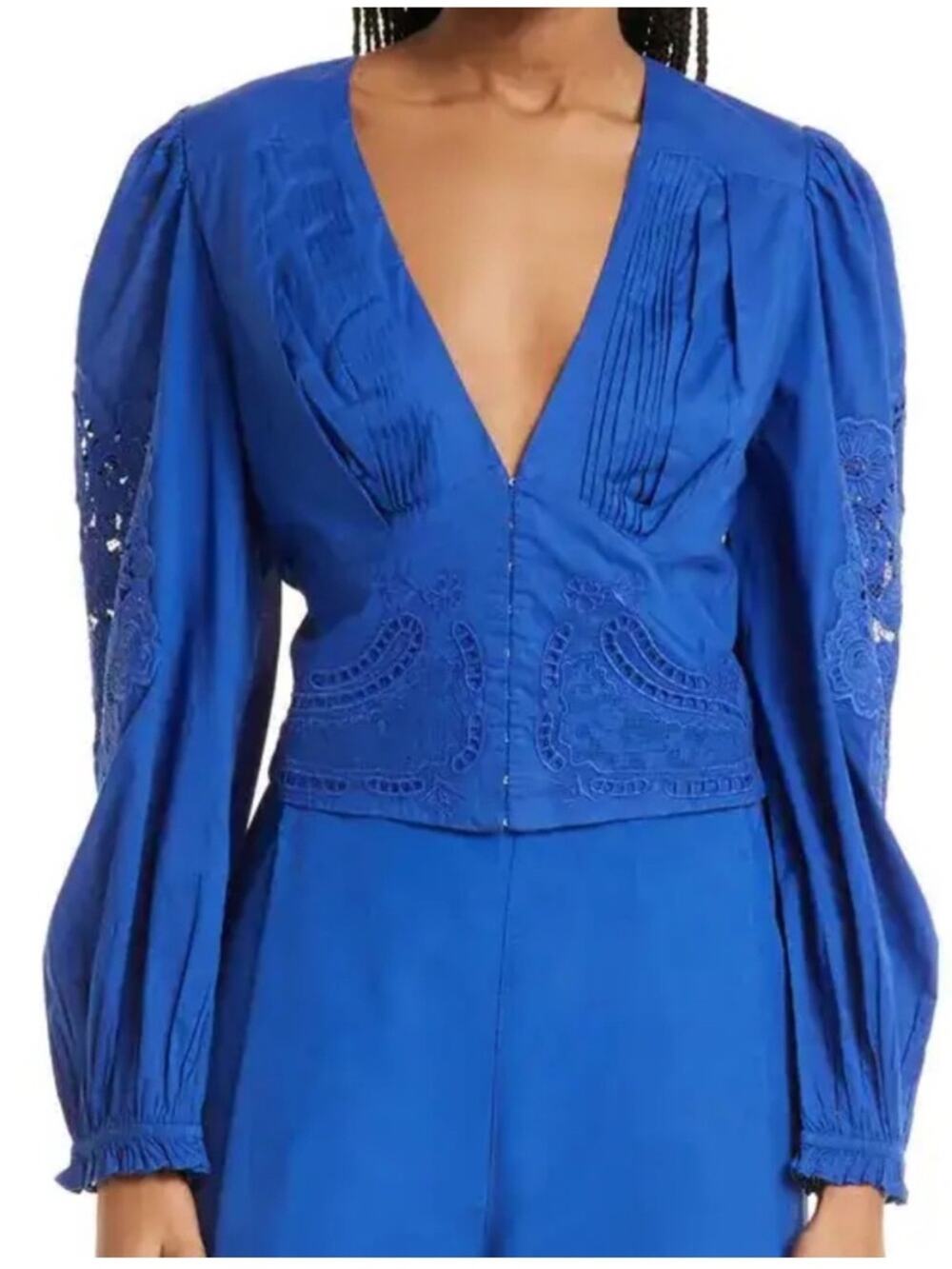 Farm Rio Blue Pleated Embroidered Cotton Top L